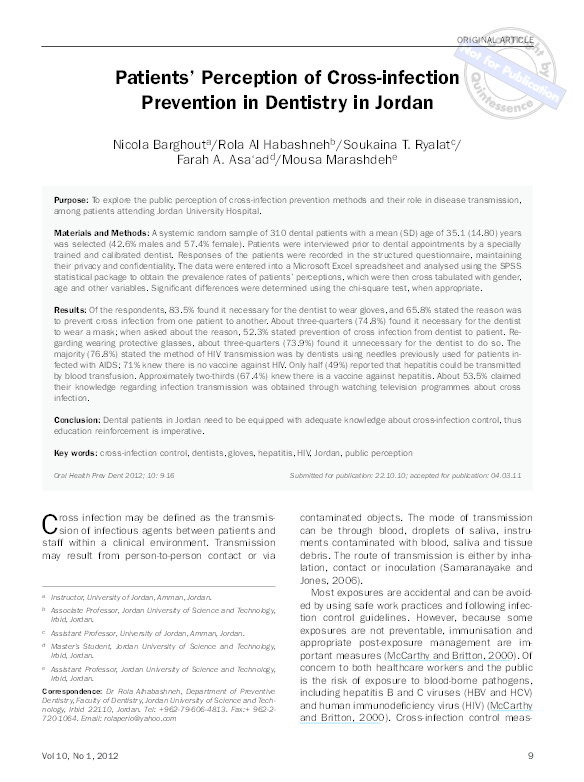 (PDF) Patients' perception of crossinfection prevention in dentistry