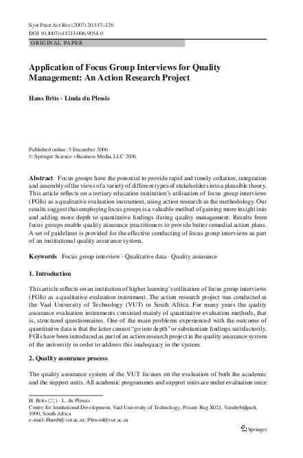 (PDF) Application of Focus Group Interviews for Quality Management: An ...