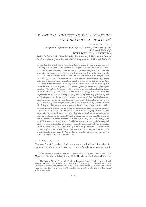 (PDF) EXTENDING THE LESSOR'S TACIT HYPOTHEC TO THIRD PARTIES' PROPERTY