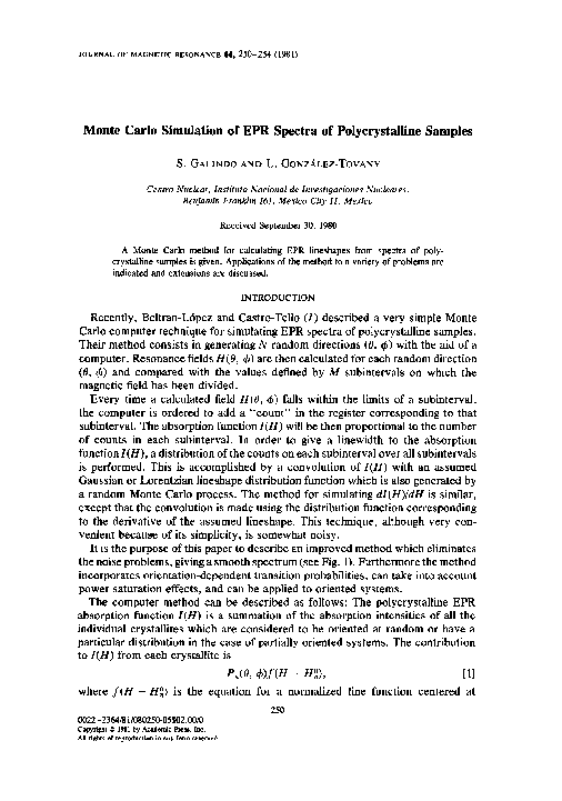 (PDF) Monte Carlo simulation of EPR spectra of polycrystalline samples