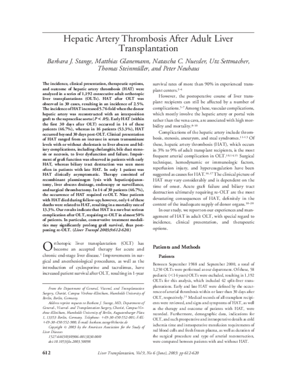 (PDF) Hepatic artery thrombosis after adult liver transplantation