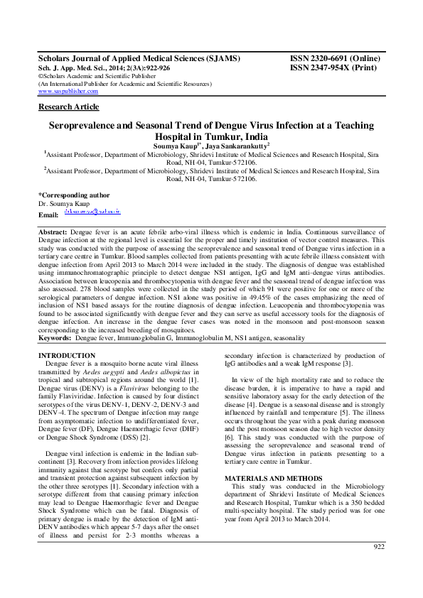 (PDF) Seroprevalence and Seasonal Trend of Dengue Virus Infection at a ...