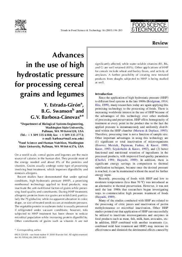 (PDF) Advances in the use of high hydrostatic pressure for processing ...
