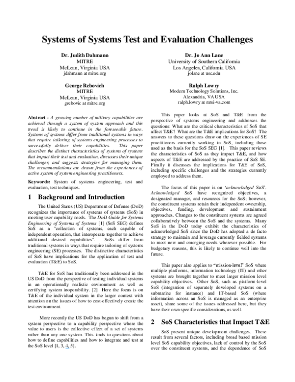 (PDF) Systems of systems test and evaluation challenges