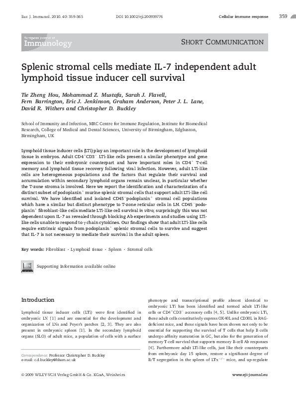 (PDF) Splenic stromal cells mediate IL7 independent adult lymphoid ...