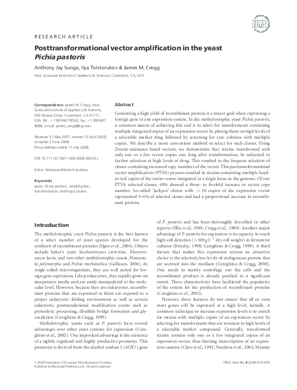 (PDF) Posttransformational vector ampli¢cation in the yeast Pichia pastoris