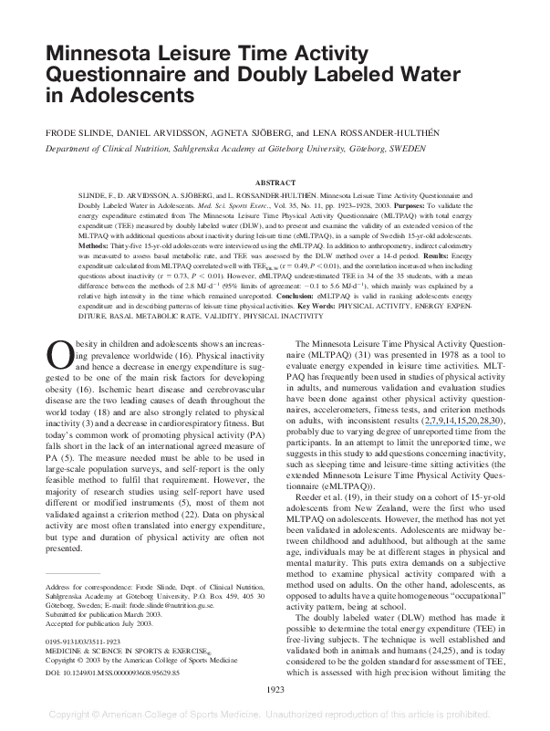 (PDF) Minnesota Leisure Time Activity Questionnaire and Doubly Labeled