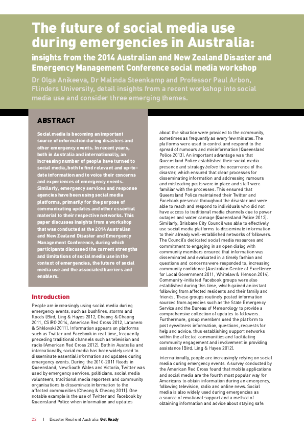 (PDF) The future of social media use during emergencies in Australia ...
