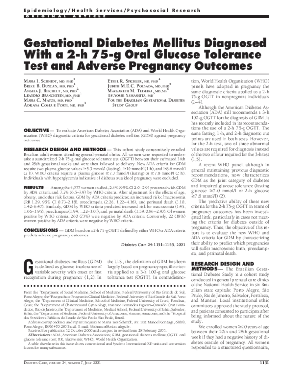 (PDF) Gestational Diabetes Mellitus Diagnosed With a 2h 75g Oral