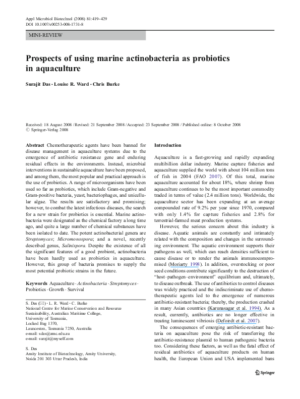 (PDF) Prospects of using marine actinobacteria as probiotics in aquaculture