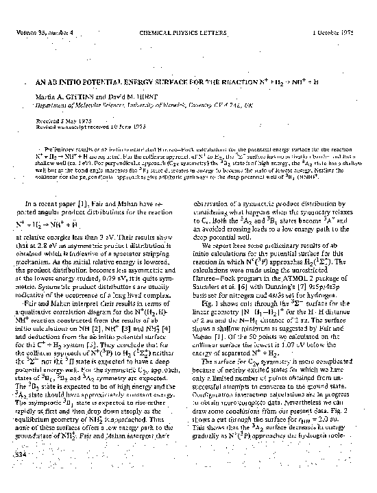 (PDF) An ab initio potential energy surface for the reaction N+ + H2 → ...