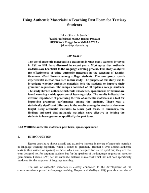 (PDF) Using Authentic Materials in Teaching Past Form for Tertiary