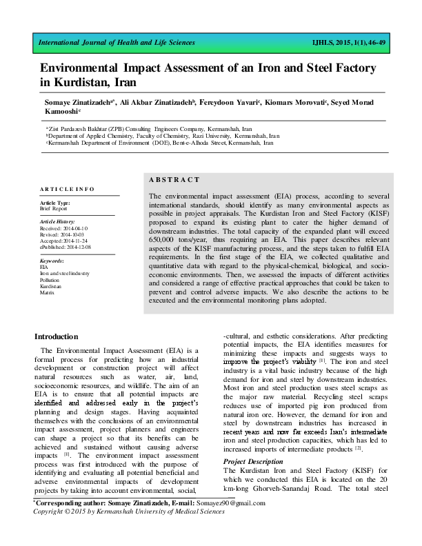 (PDF) Environmental Impact Assessment of an Iron and Steel Factory in