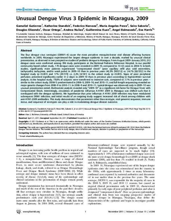 (PDF) Unusual Dengue Virus 3 Epidemic in Nicaragua, 2009