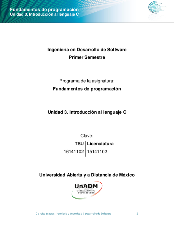 Fundamentos de programación Unidad 3. Introducción al lenguaje C