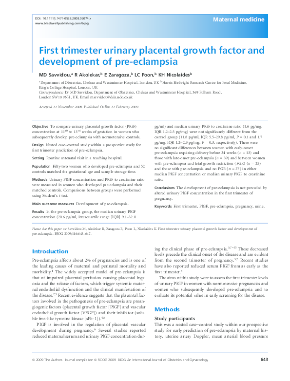 (PDF) First trimester urinary placental growth factor and development