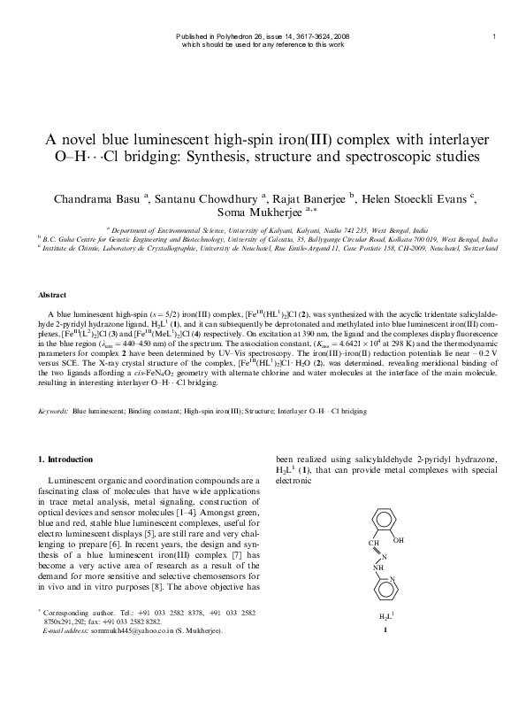 Pdf A Novel Blue Luminescent High Spin Iron Iii Complex With Interlayer O H Cl Bridging Synthesis Structure And Spectroscopic Studies Santanu Chowdhury Academia Edu