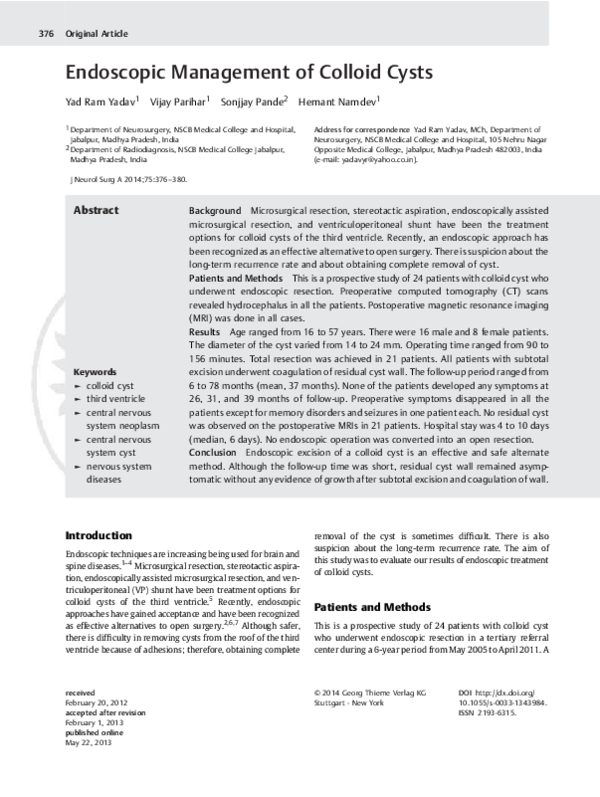(PDF) Endoscopic Management of Colloid Cysts David Silva Academia.edu