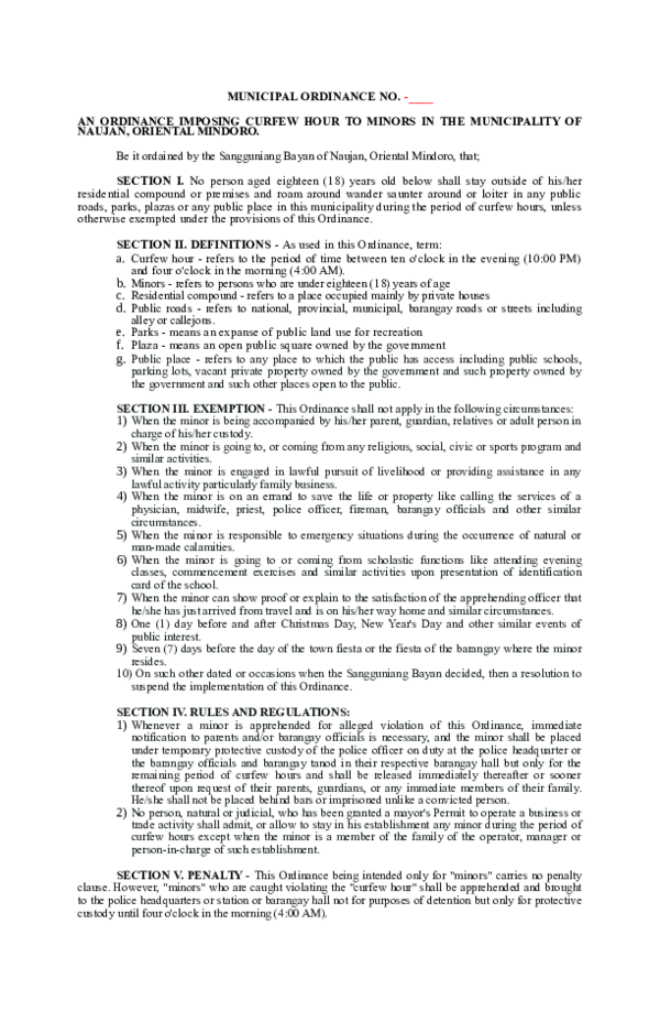 (DOC) MUNICIPAL ORDINANCE NO. ____ AN ORDINANCE IMPOSING CURFEW HOUR