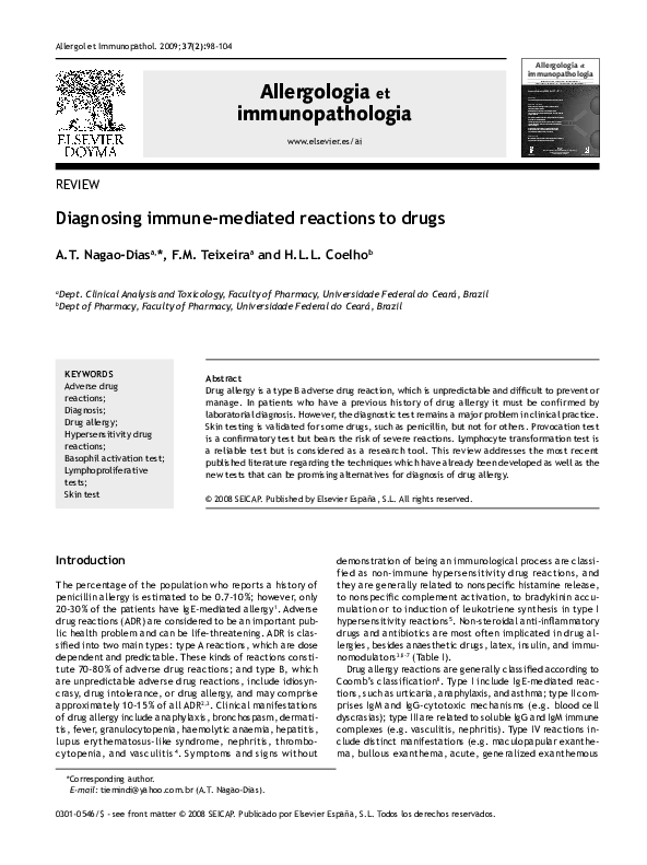 (PDF) Diagnosing immune-mediated reactions to drugs