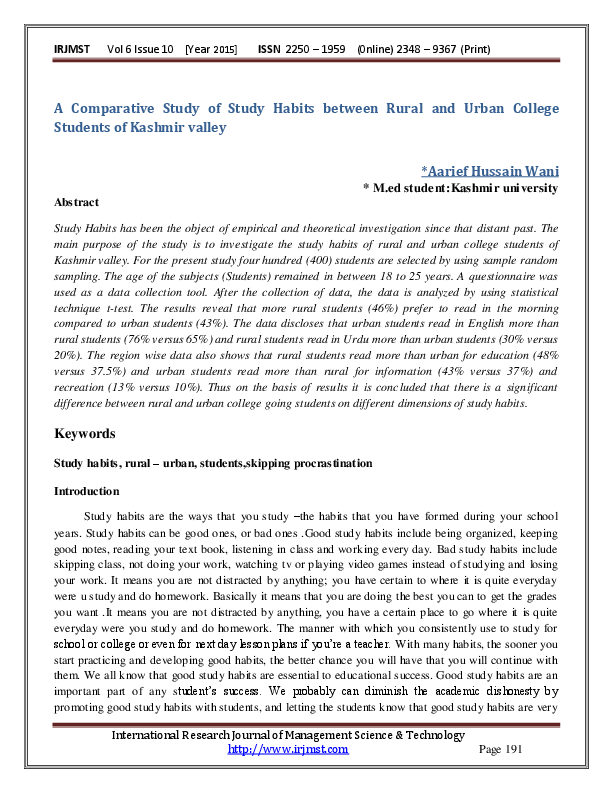 (PDF) A Comparative Study of Study Habits between Rural and Urban ...