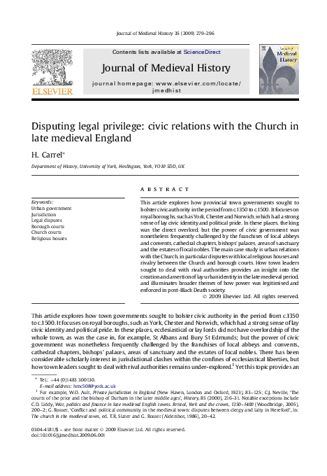Disputing legal privilege: civic relations with the Church in late medieval England