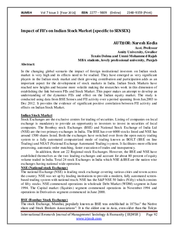 (PDF) Impact of FII’s on Indian Stock Market (specific to SENSEX)