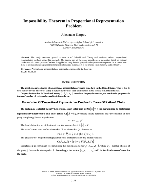 (PDF) Impossibility Theorem in Proportional Representation Problem