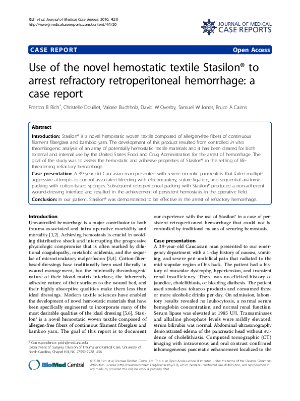 (PDF) Use of the novel hemostatic textile Stasilon® to arrest