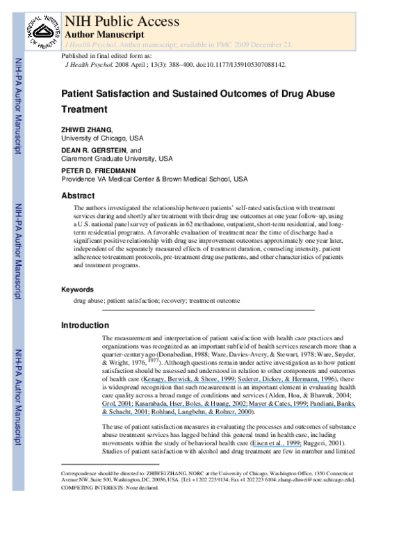 (PDF) Patient Satisfaction and Sustained Outcomes of Drug Abuse Treatment