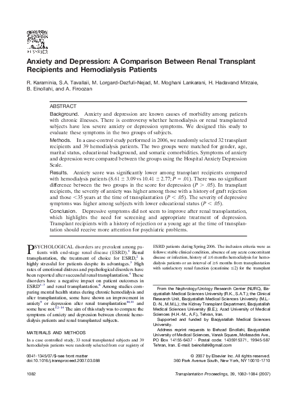 (PDF) Anxiety and Depression A Comparison Between Renal Transplant