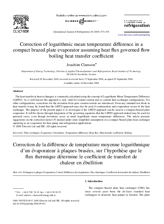 Pdf Correction Of Logarithmic Mean Temperature Difference In A Compact Brazed Plate Evaporator Assuming Heat Flux Governed Flow Boiling Heat Transfer Coefficient Joachim Claesson Academia Edu