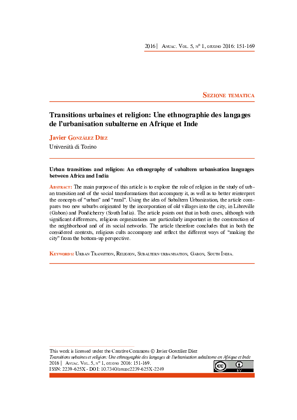 (PDF) GONZALEZ DIEZ, J. (2016): Transitions urbaines et religion: une ...