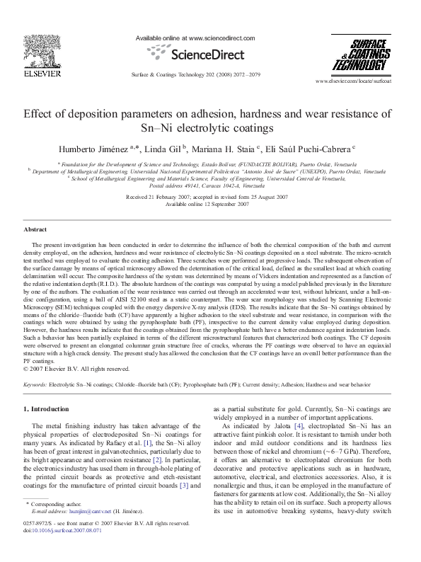 (PDF) Effect of deposition parameters on adhesion, hardness and wear ...