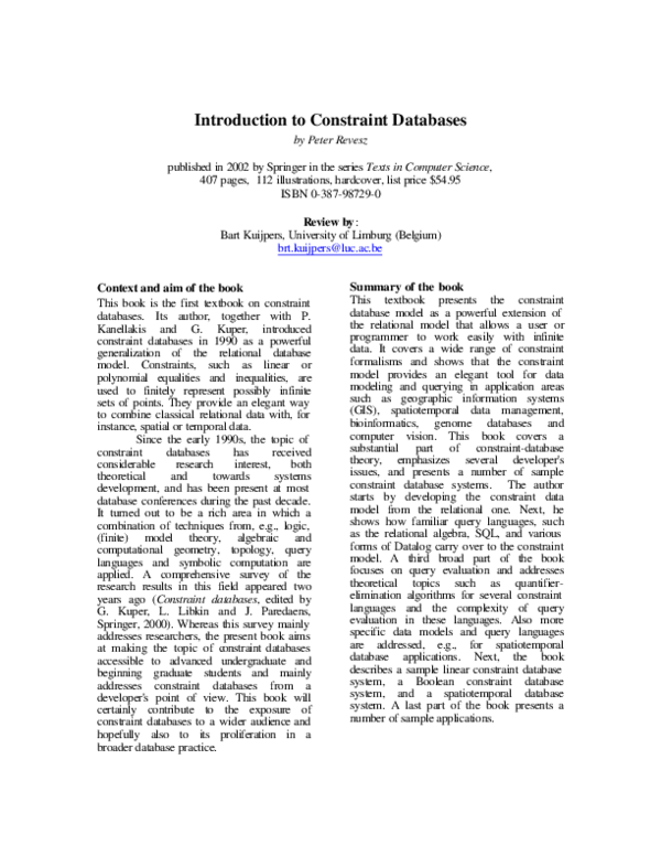 (PDF) Introduction to Constraint Databases (Book review by Bart Kuijpers)
