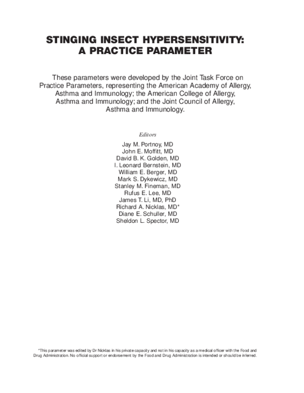 (PDF) Stinging insect hypersensitivity A practice parameter update