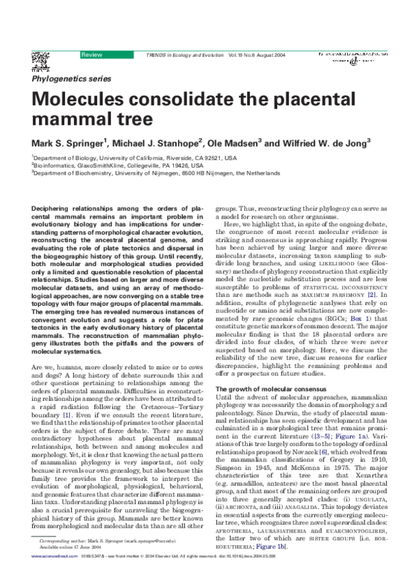 (PDF) Molecules consolidate the placental mammal tree