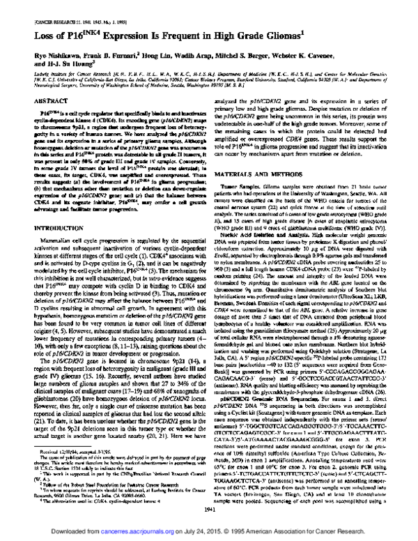 (PDF) Loss of P16INK4 expression is frequent in high grade gliomas