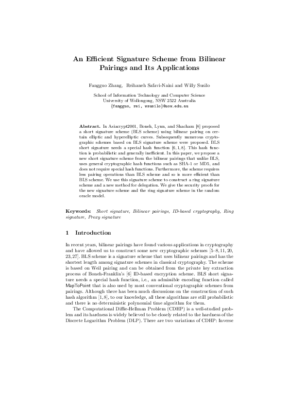 (PDF) An efficient signature scheme from bilinear pairings and its ...