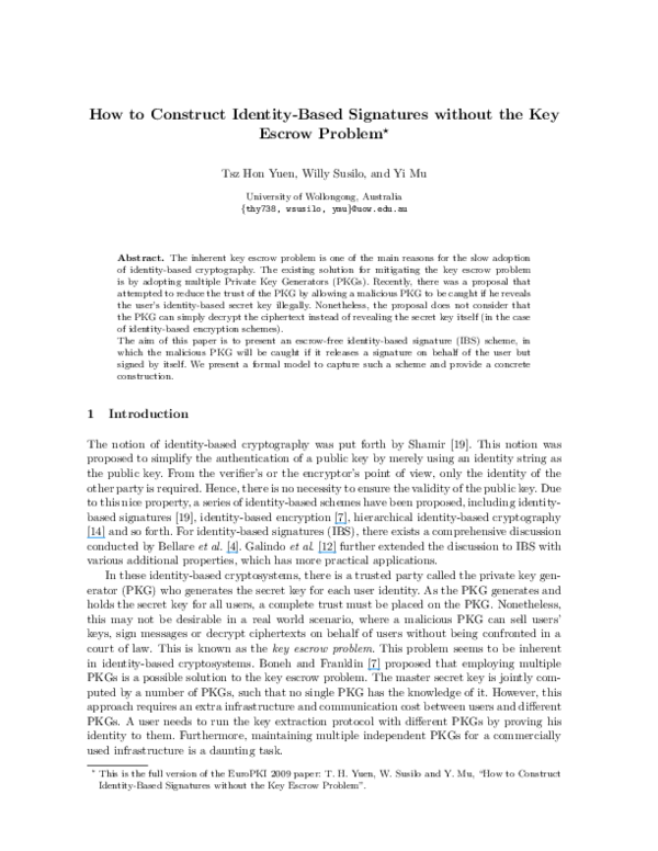 (PDF) How to construct identity-based signatures without the key escrow ...