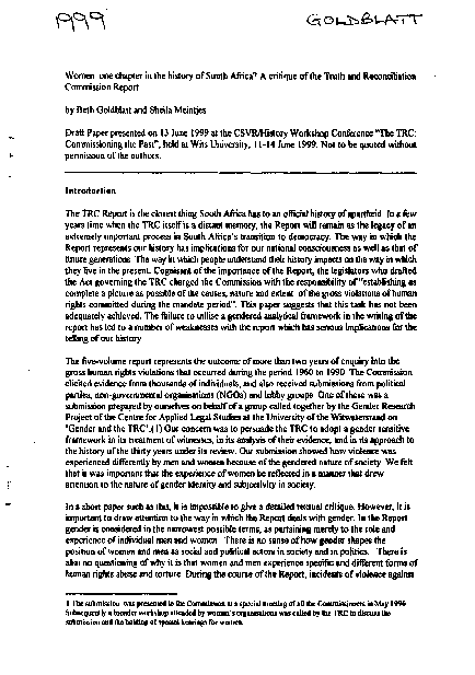 Pdf Women One Chapter In The History Of South Africa A Critique Of The Truth And Reconciliation Commission Report Beth Goldblatt Academia Edu academia edu