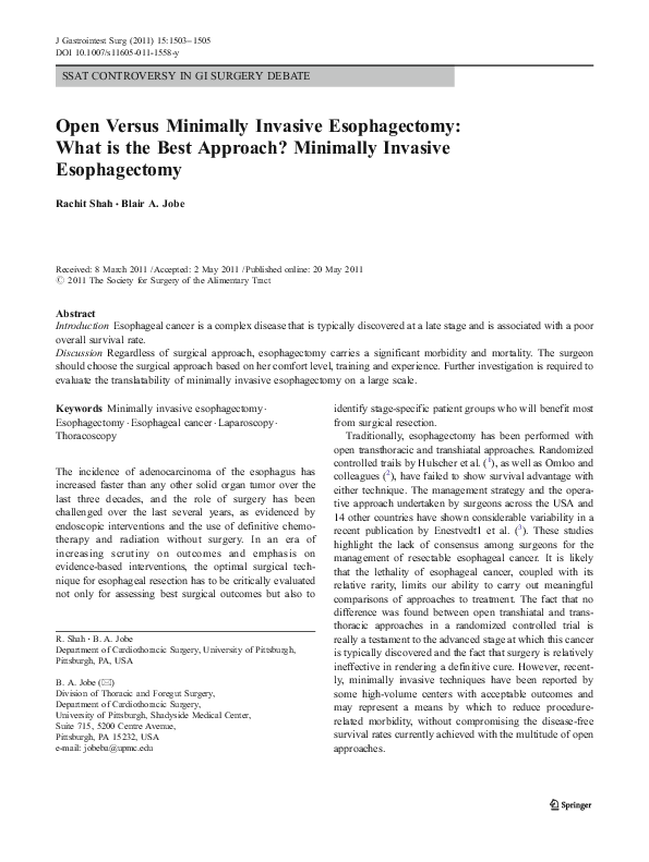 Pdf Open Versus Minimally Invasive Esophagectomy What Is The Best Approach Minimally Invasive Esophagectomy Rachit Shah Academia Edu