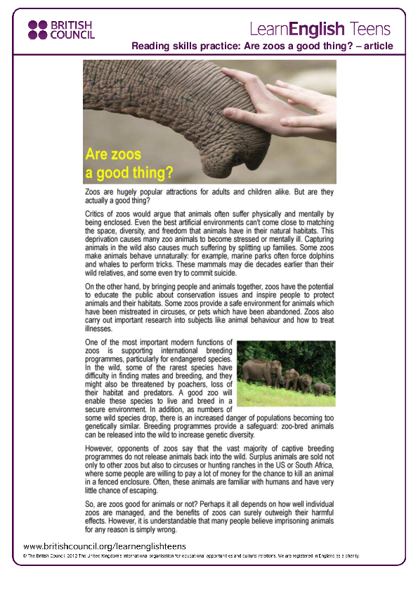 (PDF) Reading skills practice Are zoos a good thing? article nadia