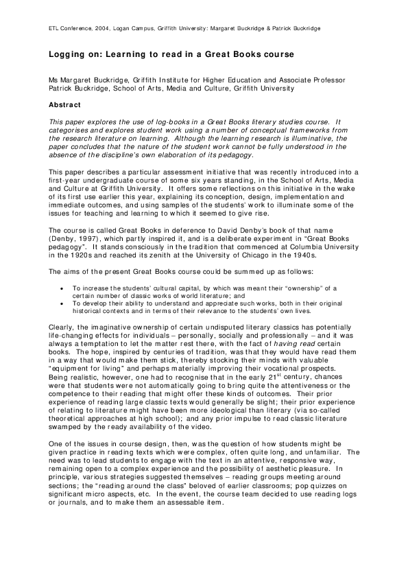 (PDF) Logging On Learning to read in a Great Books course Patrick