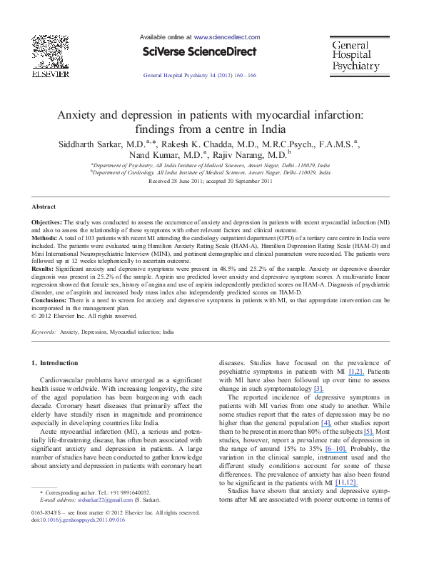 (PDF) Anxiety and depression in patients with myocardial infarction ...