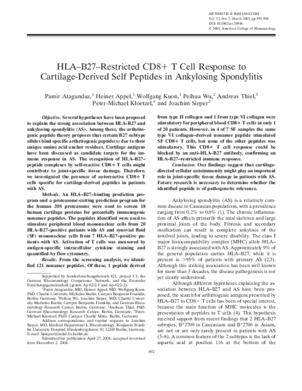 (PDF) HLA-B27-restricted CD8+ T cell response to cartilage-derived self ...