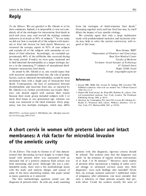 (PDF) A short cervix in women with preterm labor and intact membranes