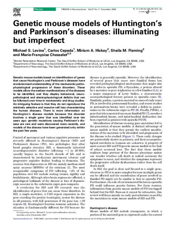 (PDF) mouse models of Huntington's and Parkinson's diseases
