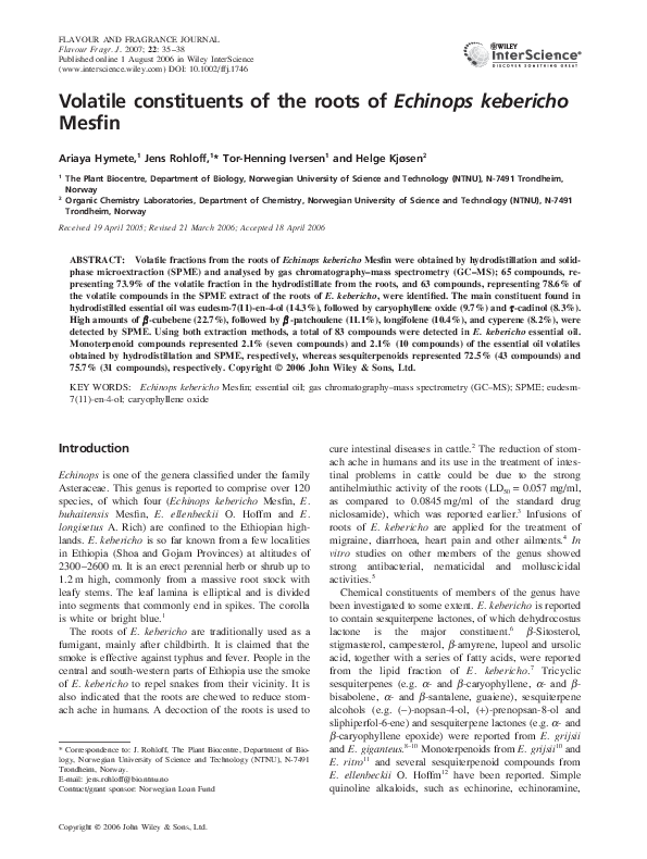 (PDF) Volatile constituents of the roots ofEchinops kebericho Mesfin