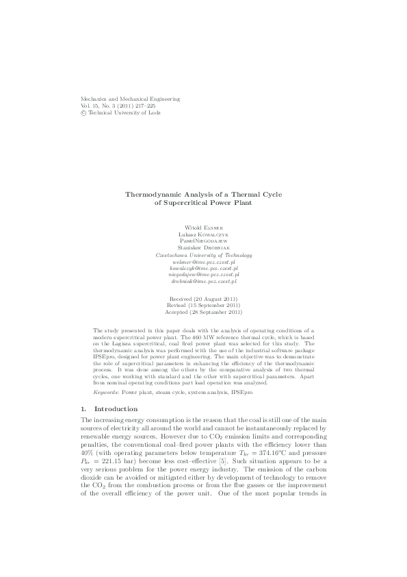 (PDF) Thermodynamic Analysis of a Thermal Cycle of Supercritical Power ...